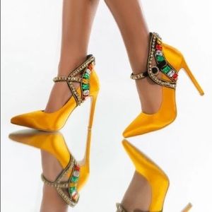 Azalea Wang Golden Yellow Stone Embellished Stiletto Pumps